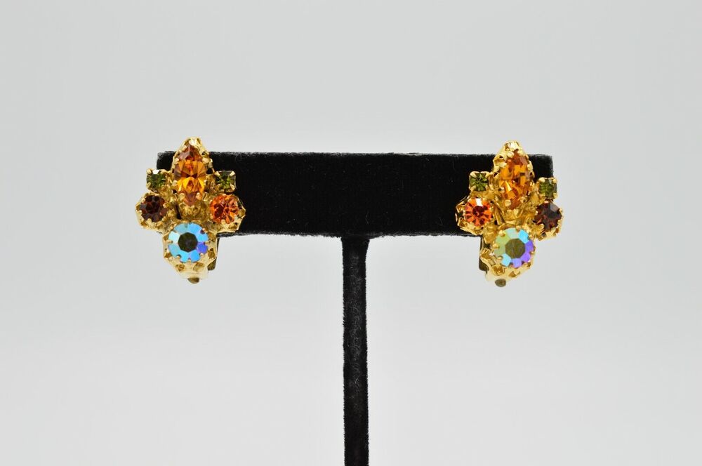 Star Vintage Crystal Earrings Clip Orange Rhinestone Gold Statement Signed 9E